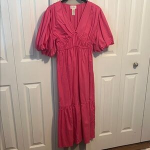 English Factory Fuchsia Midi Dress with Puff Sleeves